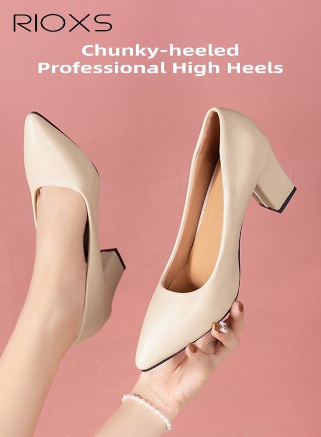 ريوكس حذاء نسائي بكعب سميك احترافي، حذاء مكتبي كلاسيكي وأنيق بمقدمة مدببة، حذاء مريح بكعب سميك غير رسمي للمكتب، اجتماعات العمل، المؤتمرات، أو بيئة العمل الرسمية، لون بيج - Image 3